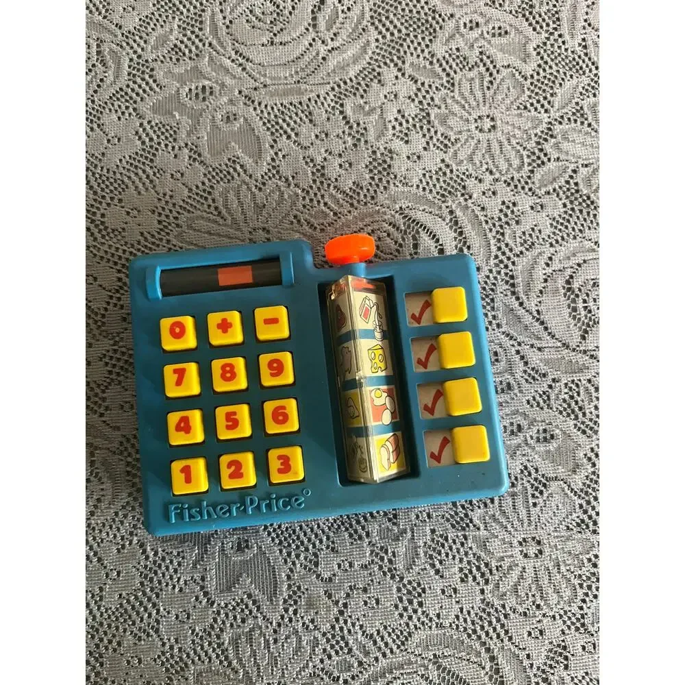 Vintage Fisher-Price Toy Cash Register Blue Crank Food Roller Number Buttons